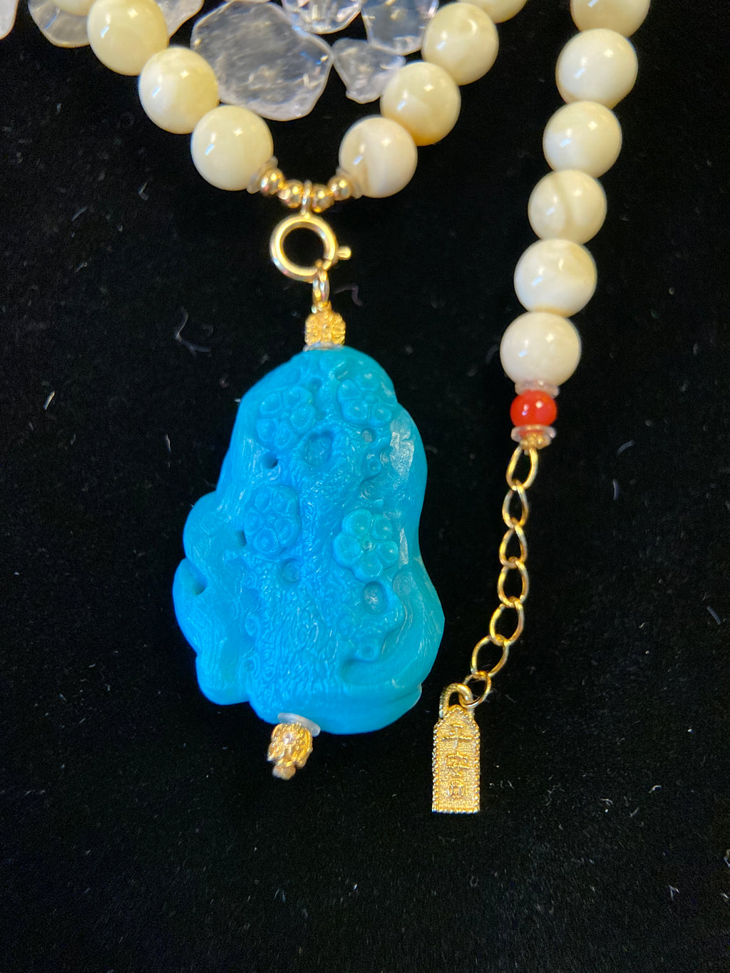 Amber Bead Necklace with Fengjiu Carved Turquoise Pendant