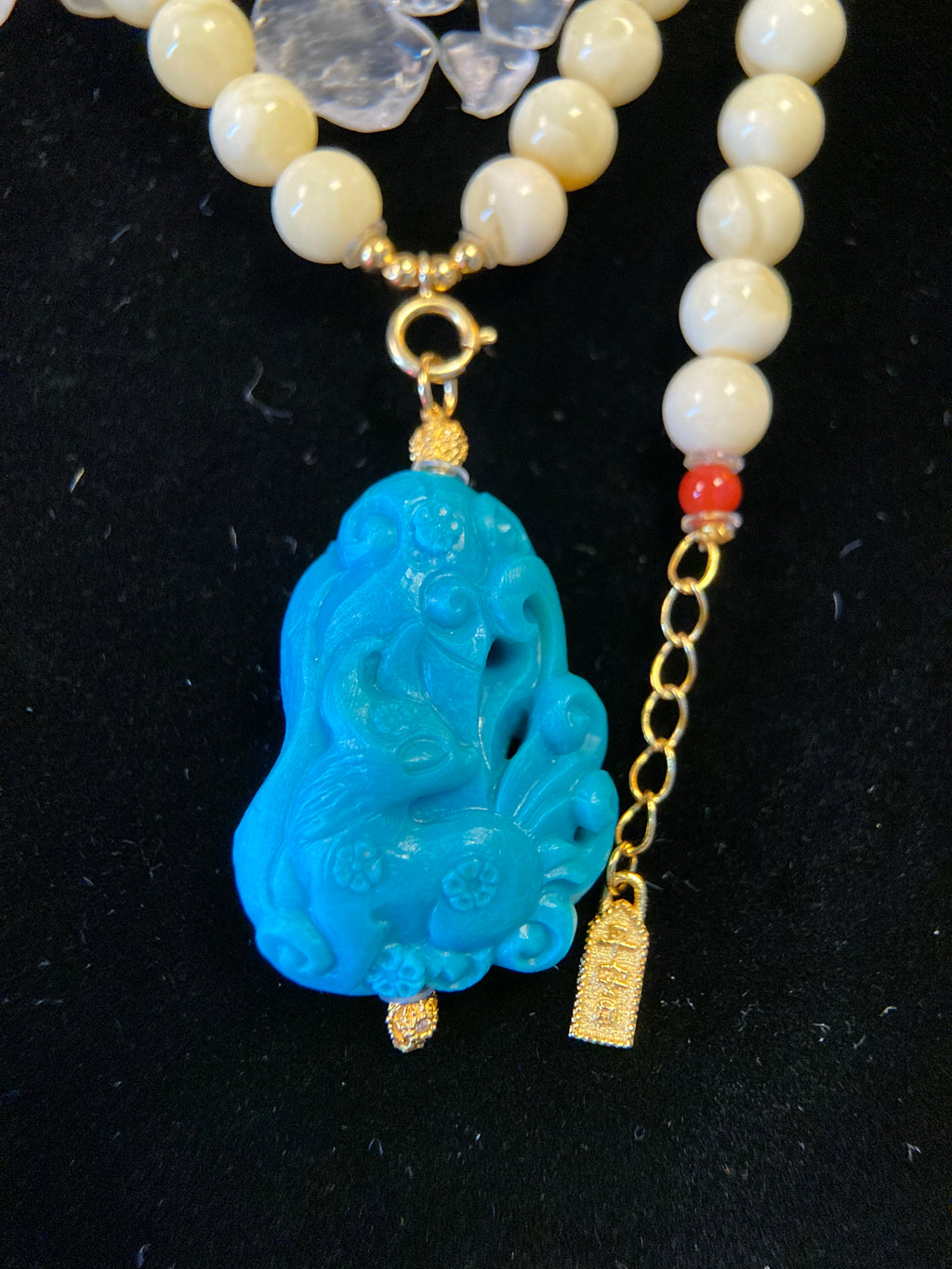 Amber Bead Necklace with Fengjiu Carved Turquoise Pendant