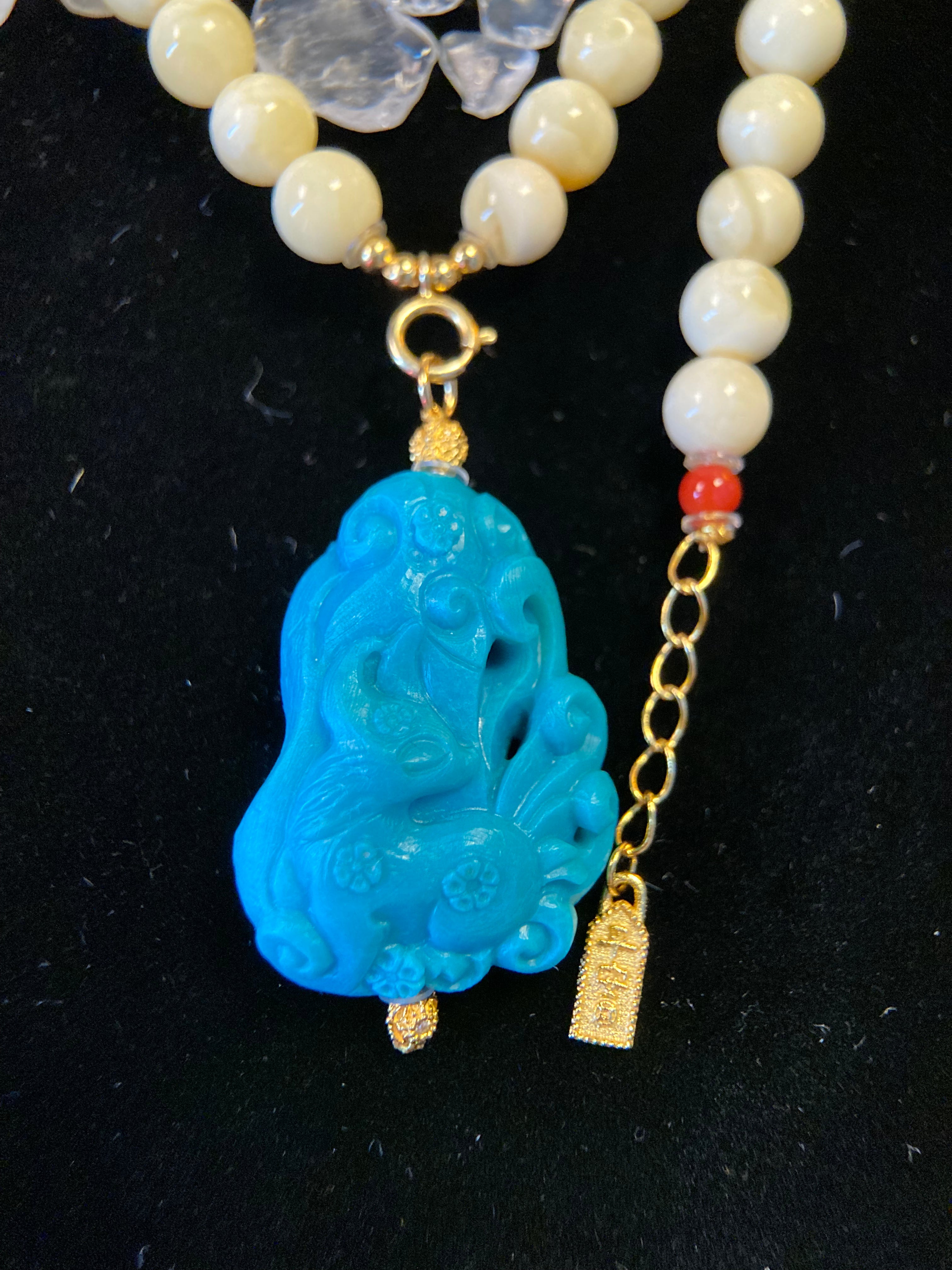Amber Bead Necklace with Fengjiu Carved Turquoise Pendant