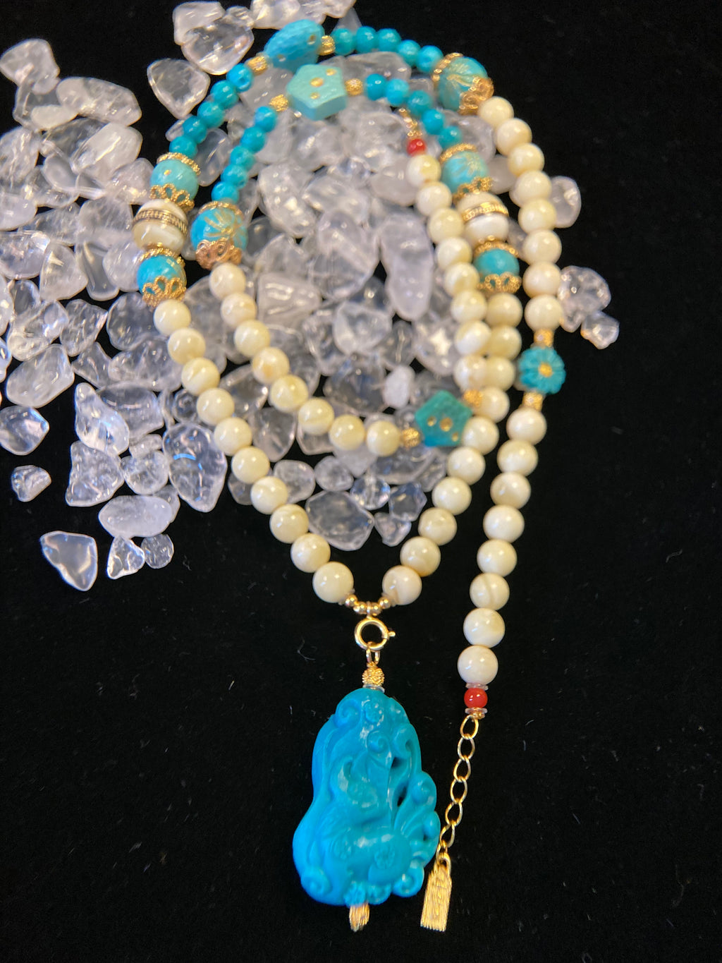 Amber Bead Necklace with Fengjiu Carved Turquoise Pendant