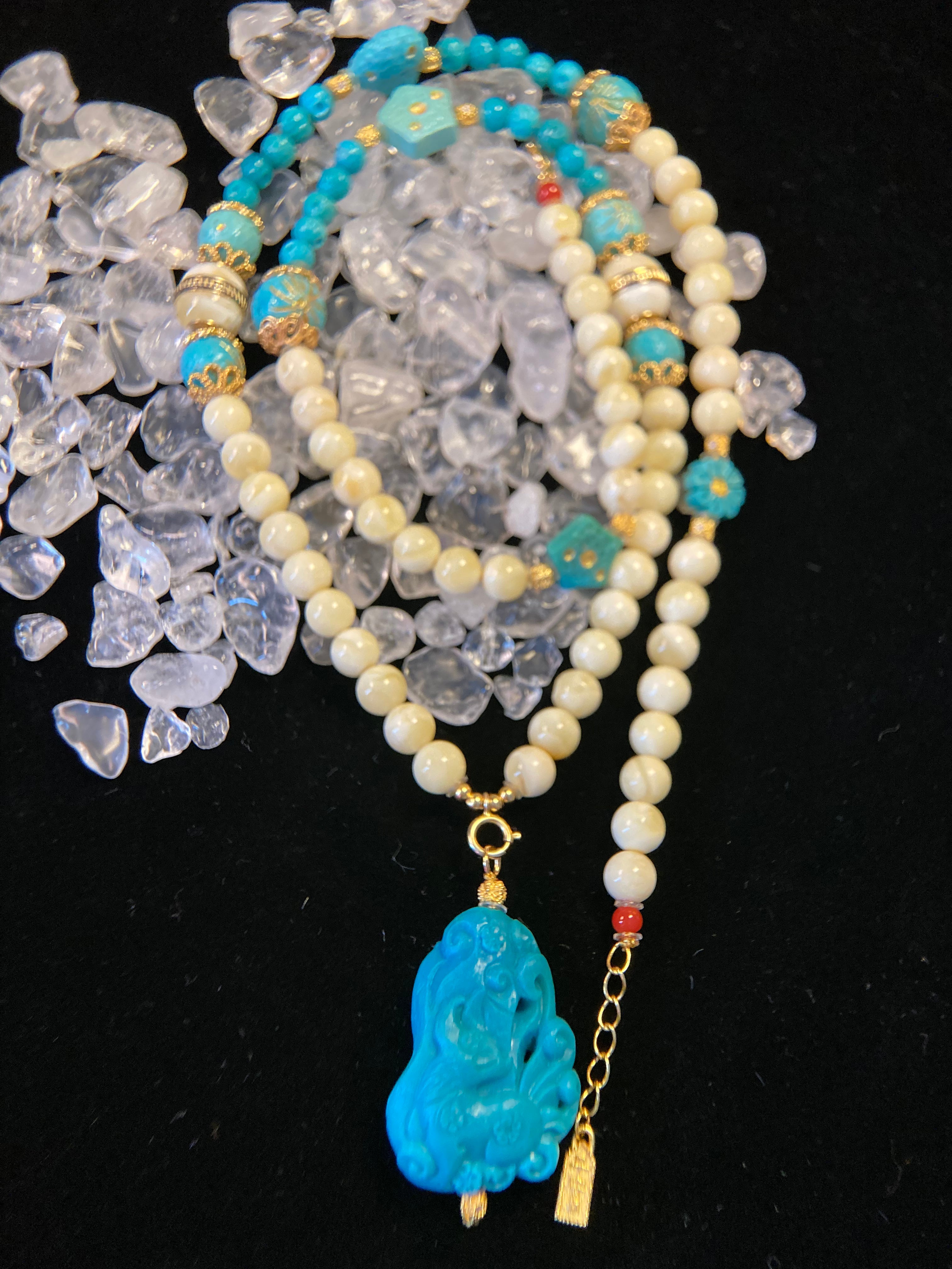 Amber Bead Necklace with Fengjiu Carved Turquoise Pendant