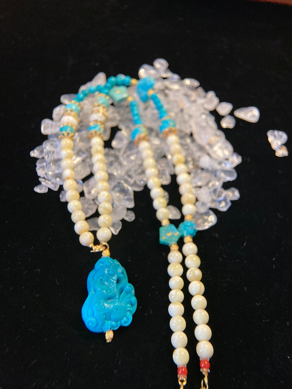 Amber Bead Necklace with Fengjiu Carved Turquoise Pendant