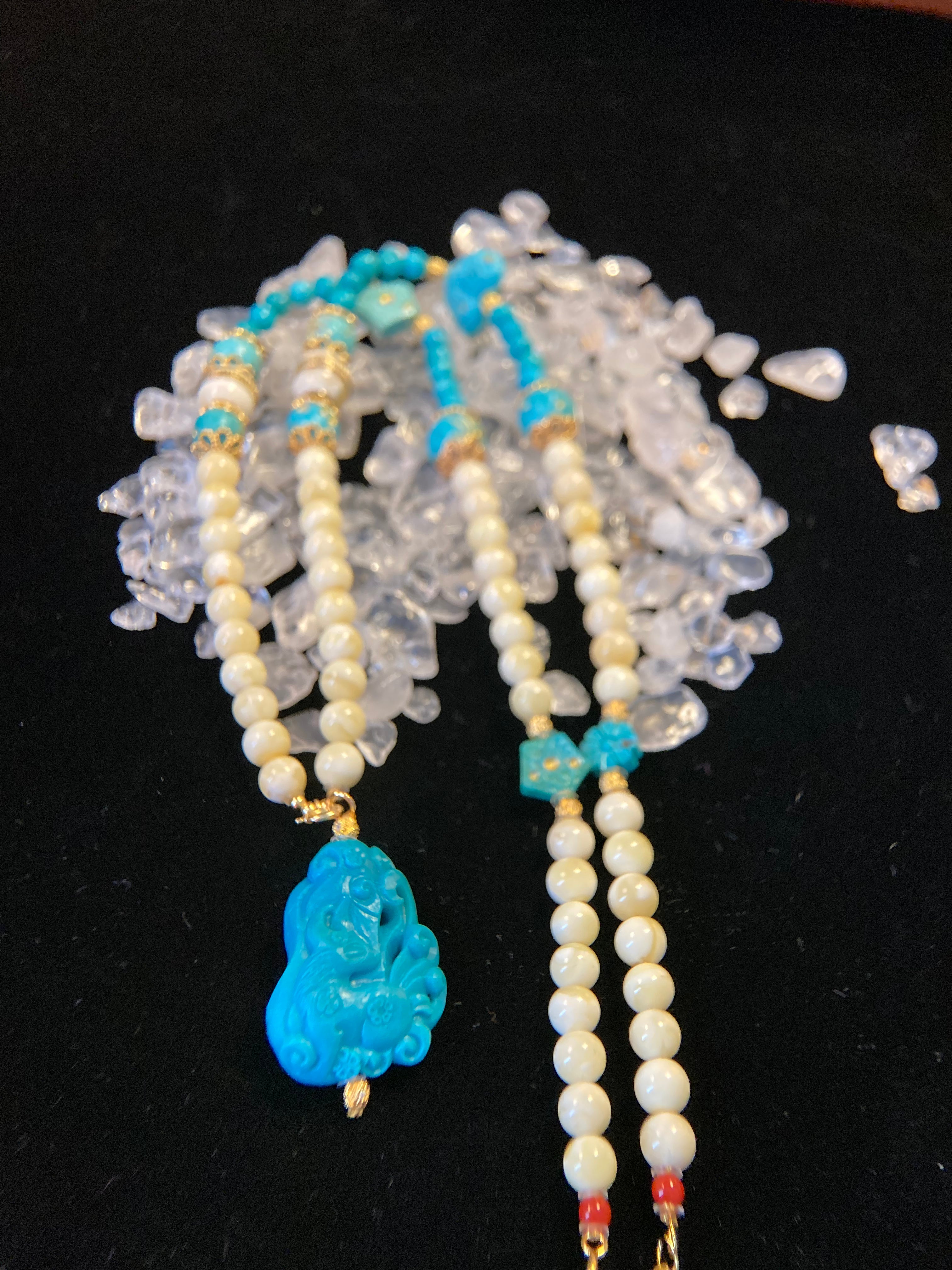 Amber Bead Necklace with Fengjiu Carved Turquoise Pendant