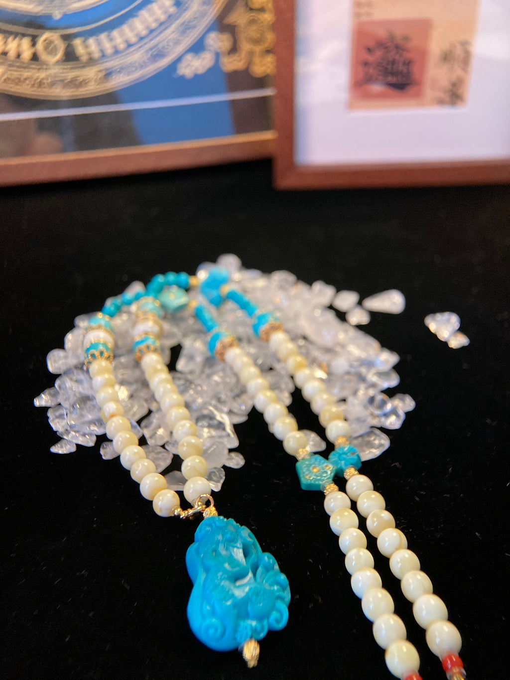 Amber Bead Necklace with Fengjiu Carved Turquoise Pendant