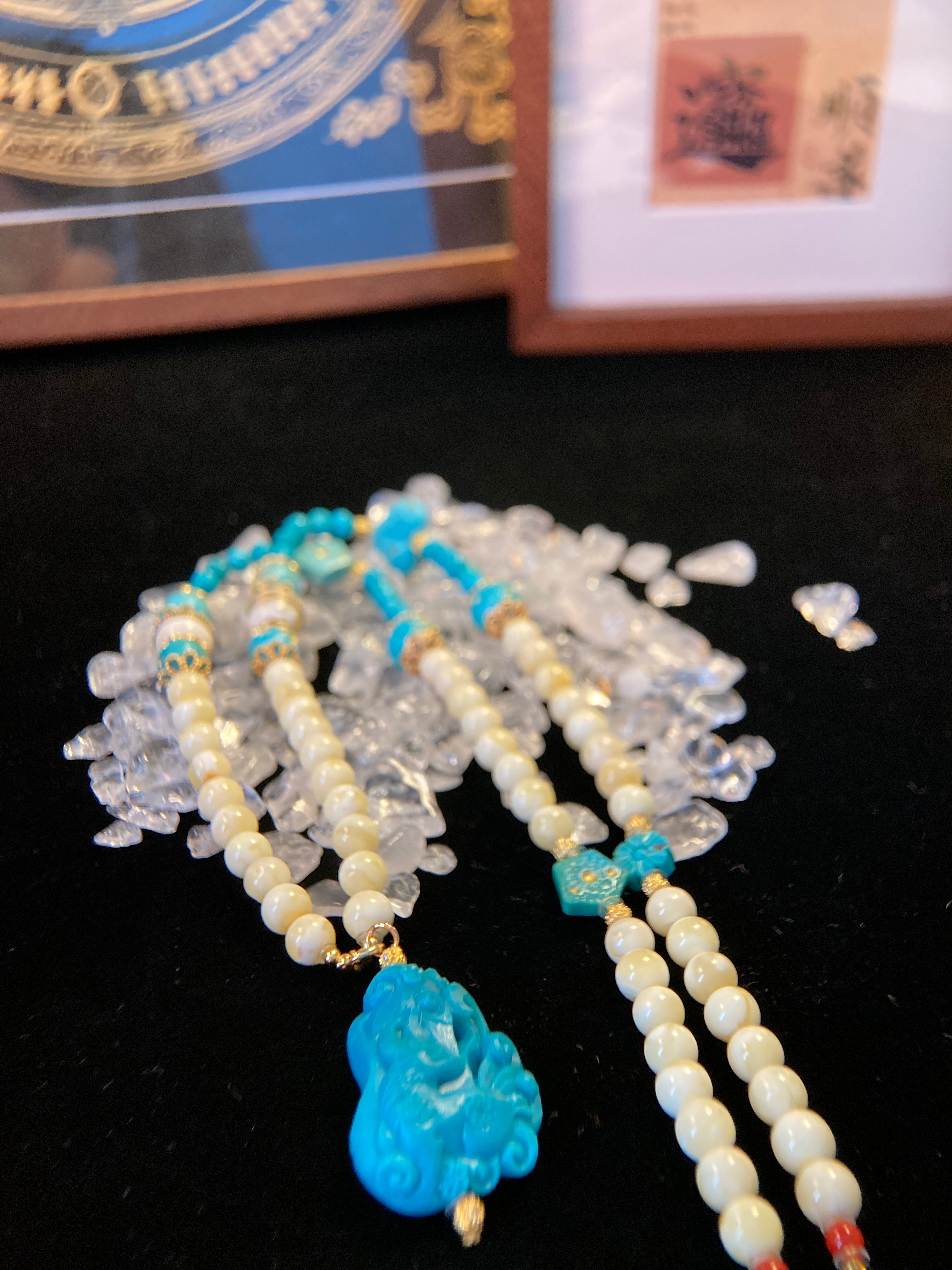 Amber Bead Necklace with Fengjiu Carved Turquoise Pendant
