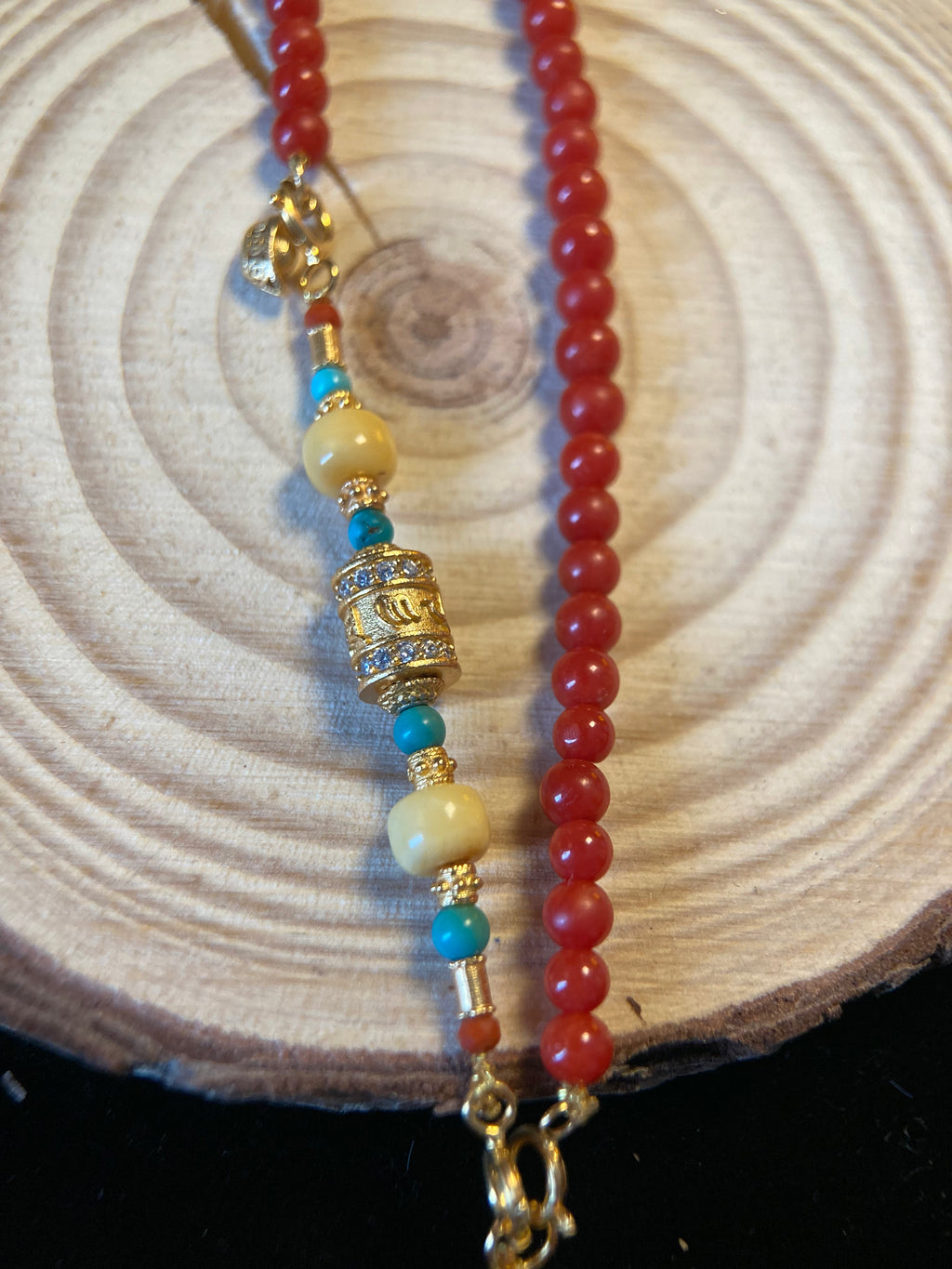 Tibetan-Style Necklace with Turquoise Carving, Red Agate Beads &amp; Six-Syllable Mantra Extension