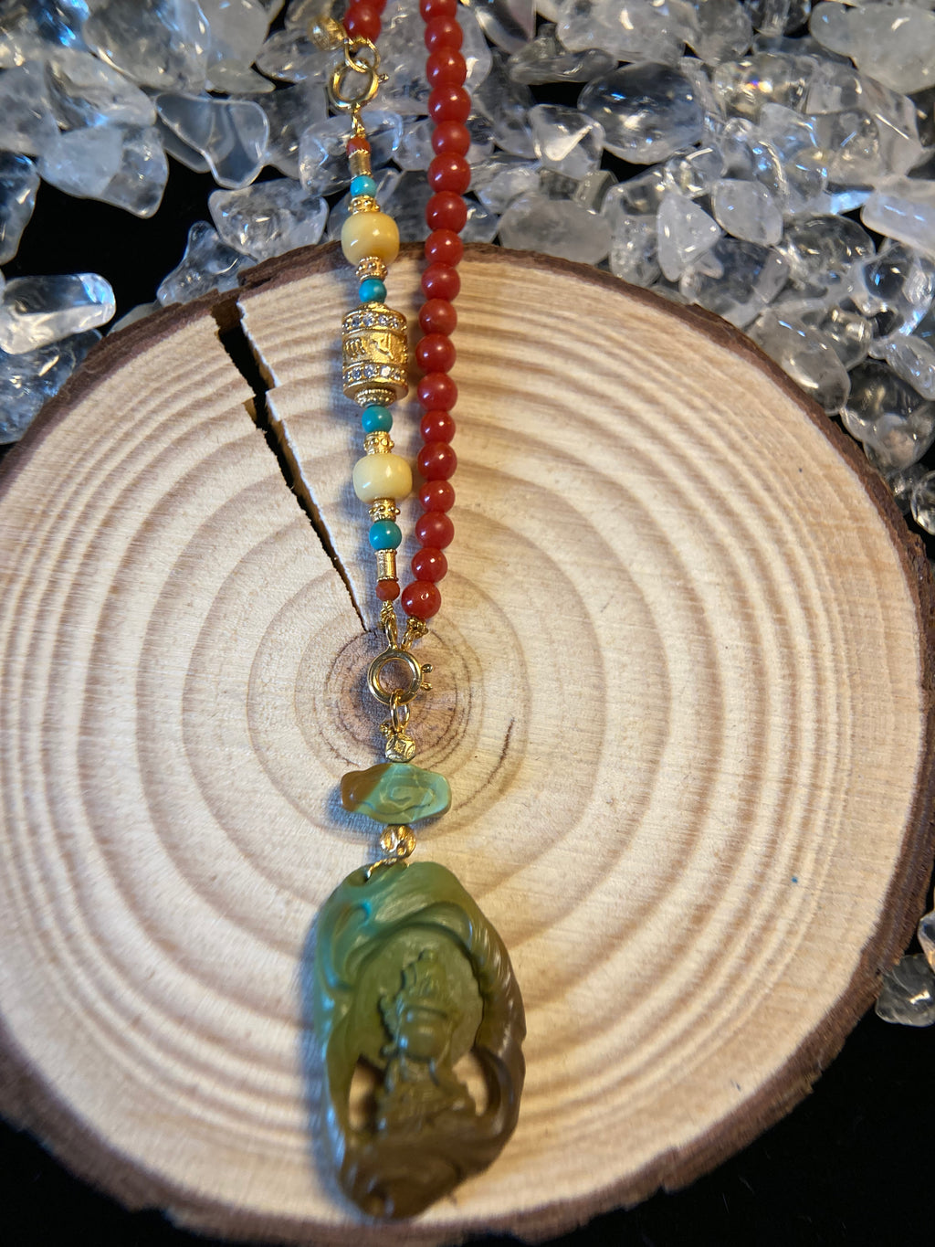 Tibetan-Style Necklace with Turquoise Carving, Red Agate Beads &amp; Six-Syllable Mantra Extension