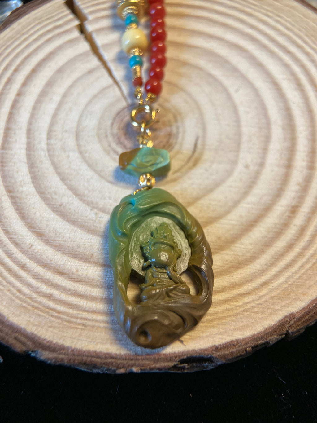 Tibetan-Style Necklace with Turquoise Carving, Red Agate Beads &amp; Six-Syllable Mantra Extension
