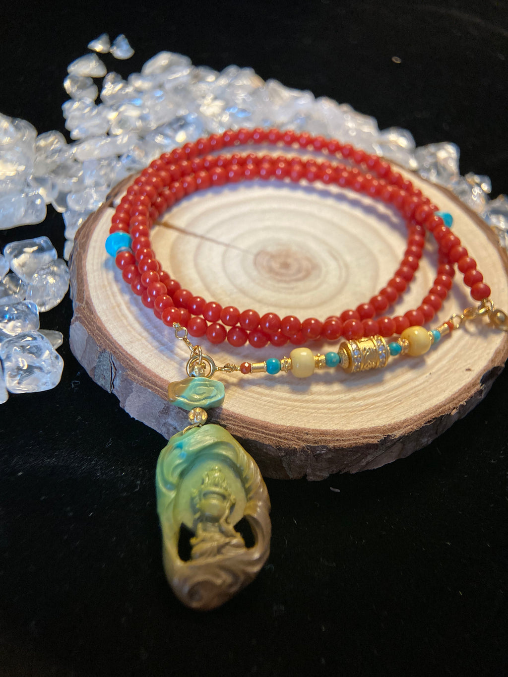 Tibetan-Style Necklace with Turquoise Carving, Red Agate Beads &amp; Six-Syllable Mantra Extension