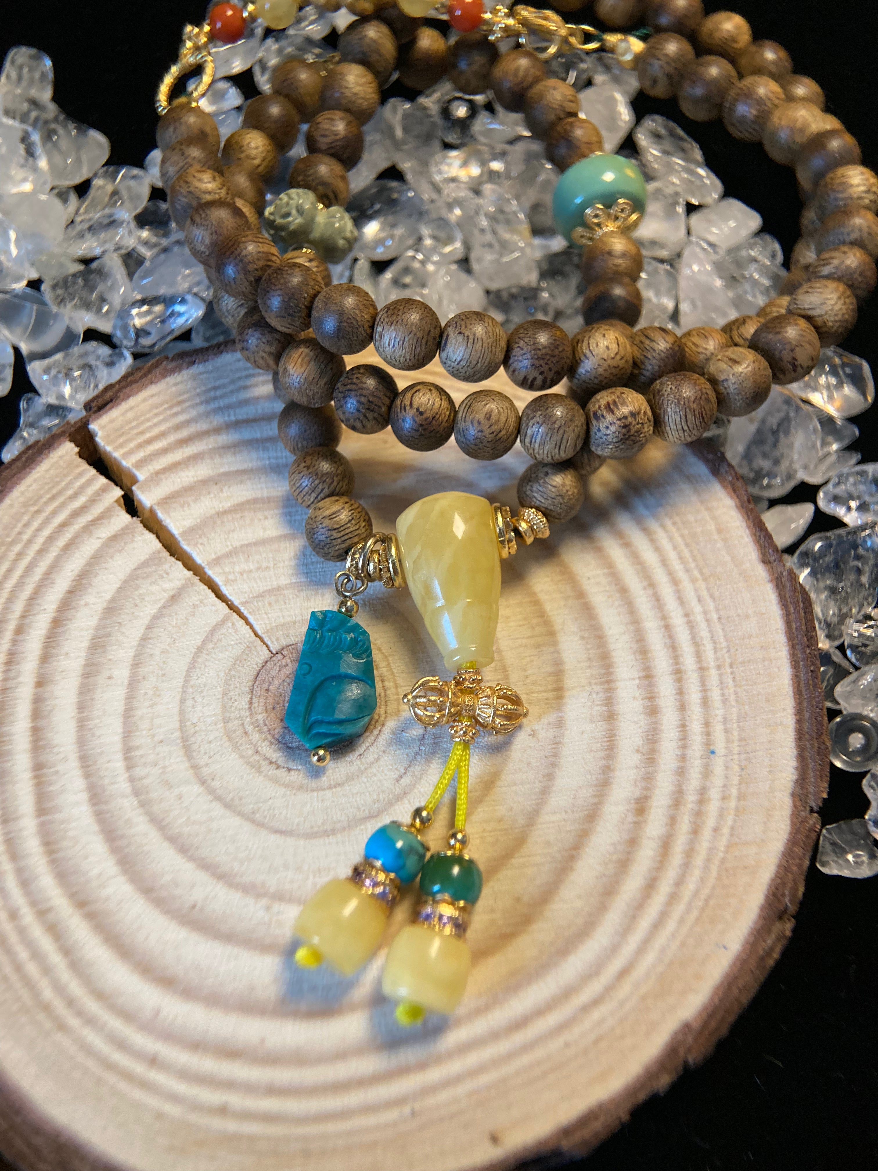 Agarwood Necklace with Turquoise Carving &amp; Amber Three-Way Connector