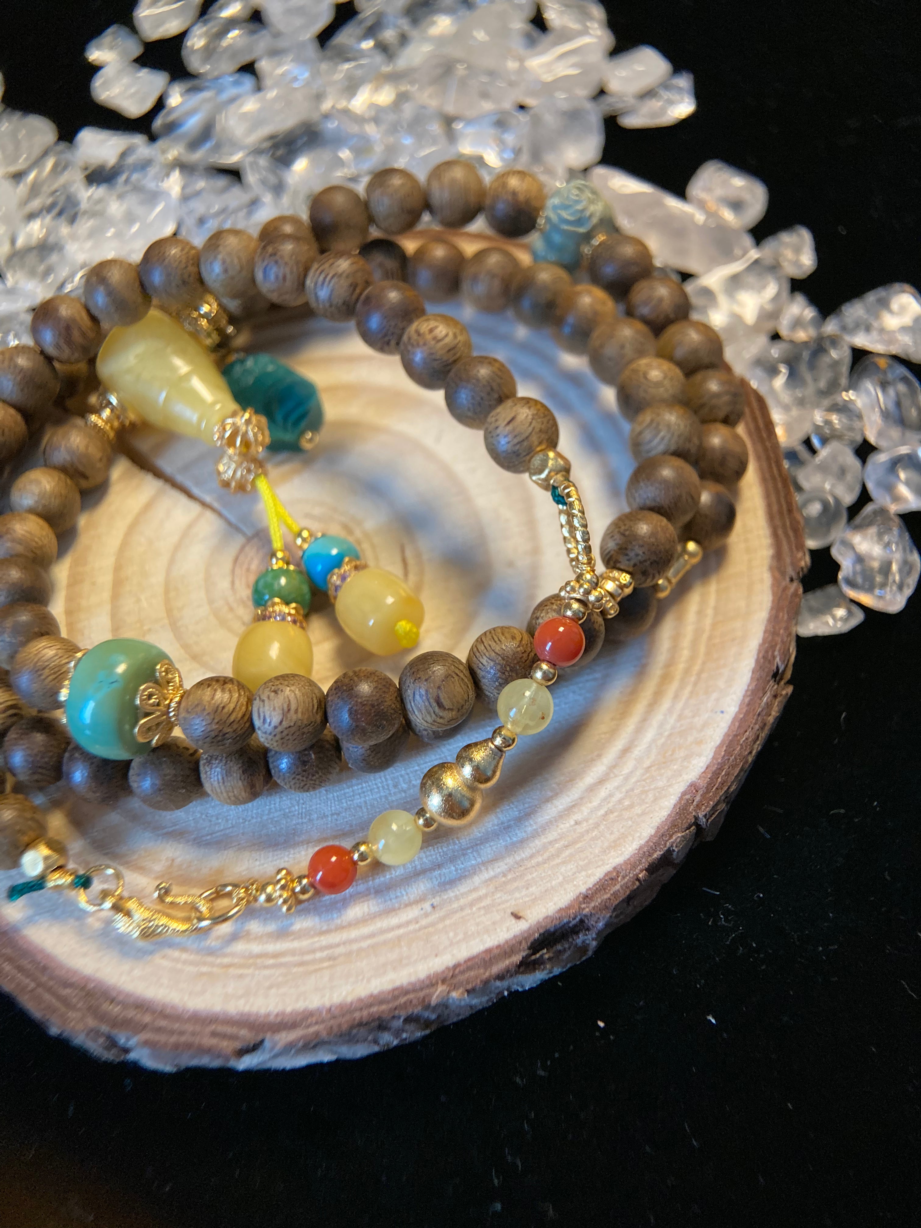 Agarwood Necklace with Turquoise Carving &amp; Amber Three-Way Connector