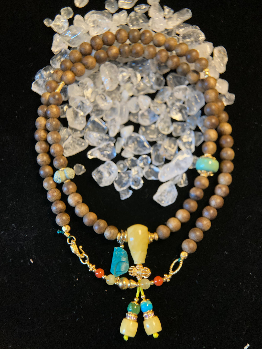 Agarwood Necklace with Turquoise Carving &amp; Amber Three-Way Connector