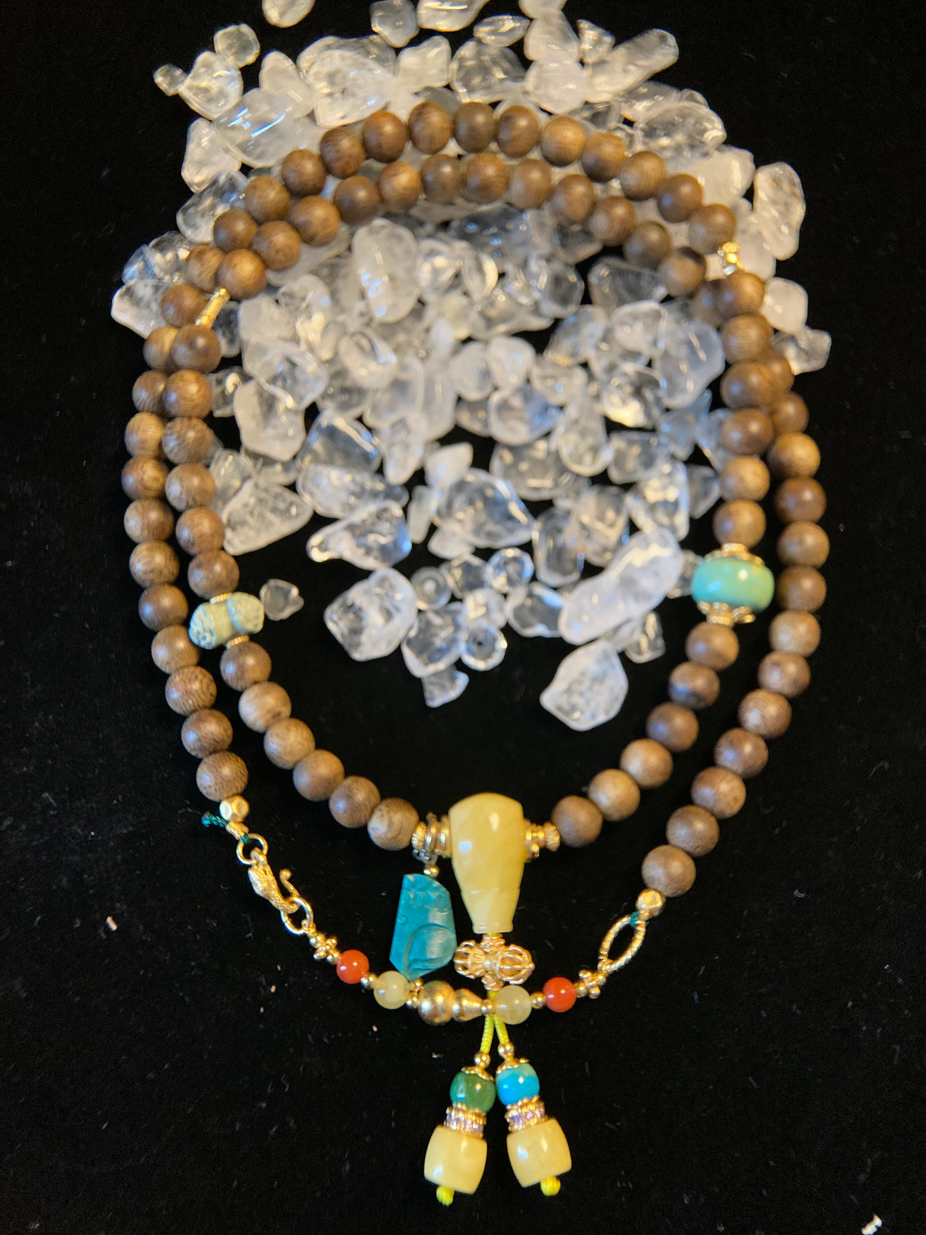 Agarwood Necklace with Turquoise Carving &amp; Amber Three-Way Connector