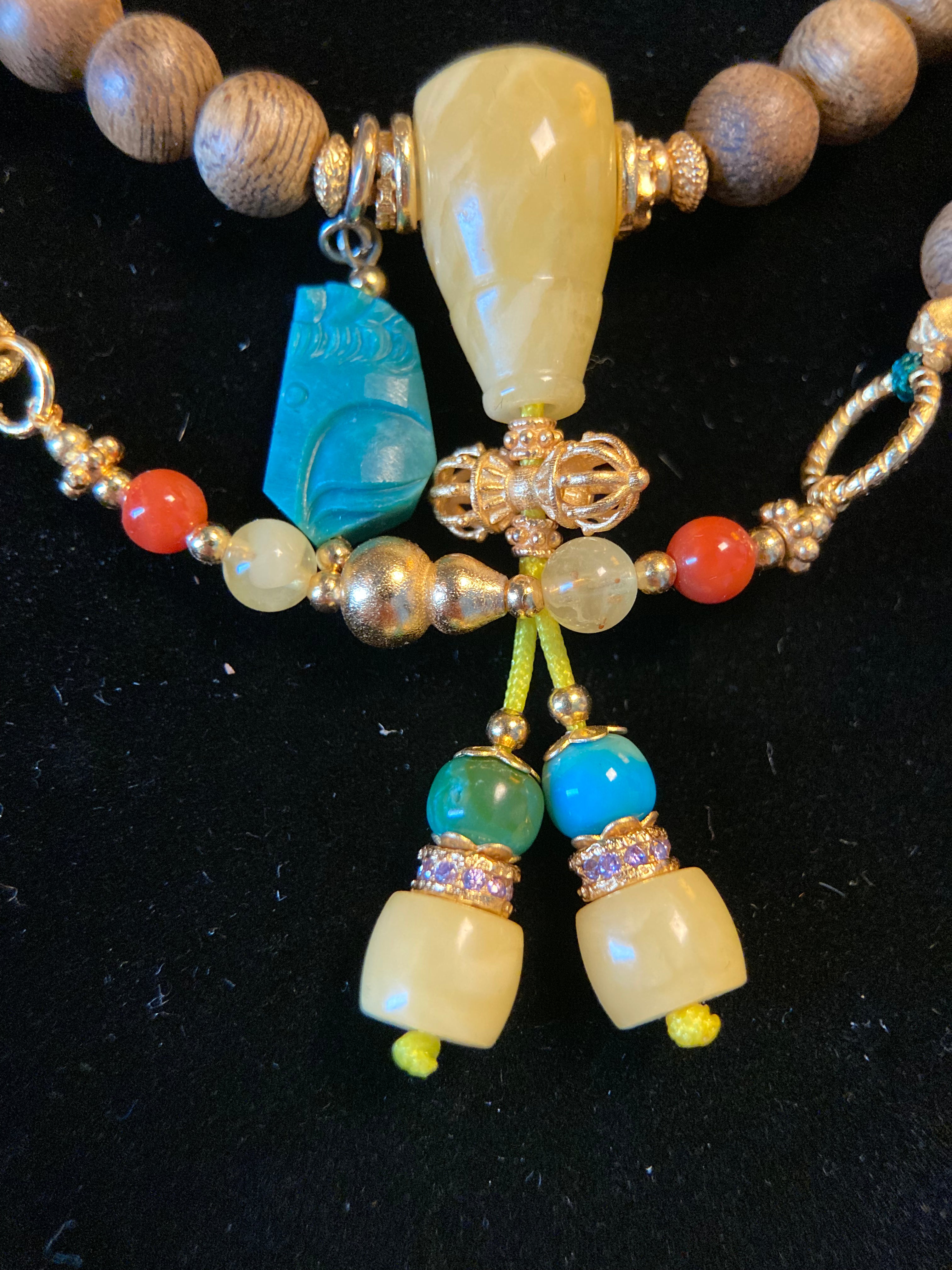 Agarwood Necklace with Turquoise Carving &amp; Amber Three-Way Connector