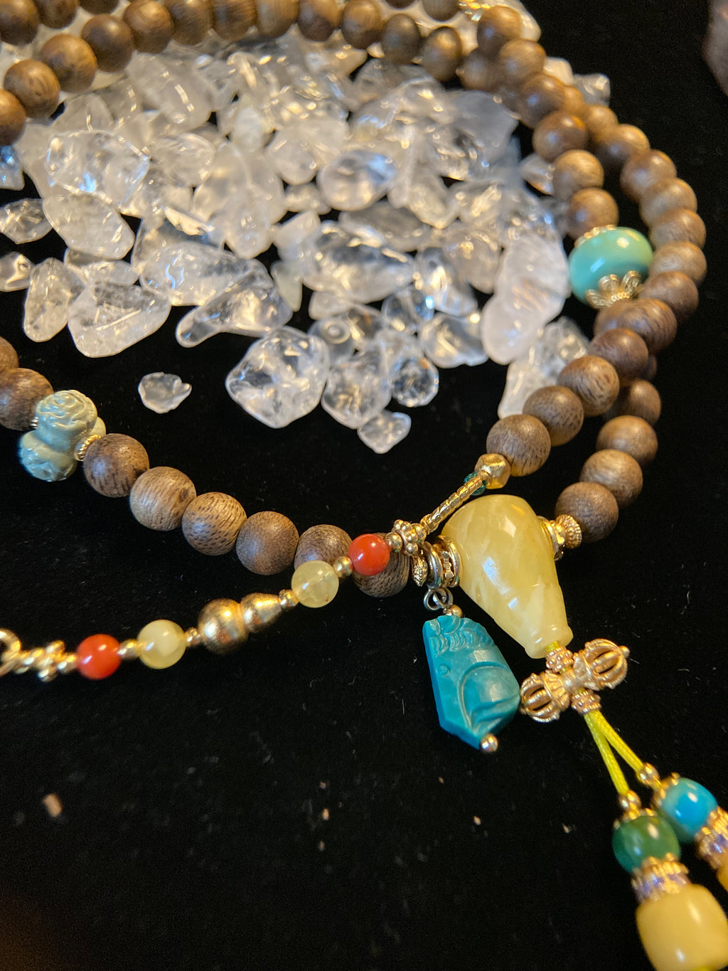 Agarwood Necklace with Turquoise Carving &amp; Amber Three-Way Connector